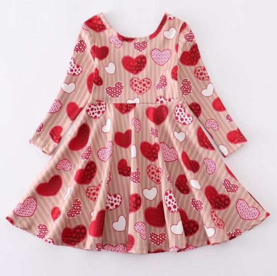 Red heart long sleeve girls Valentines day dress, moq 3