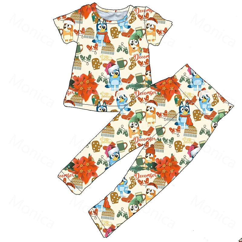 blue dog cartoon design baby girls wholesale clothing set