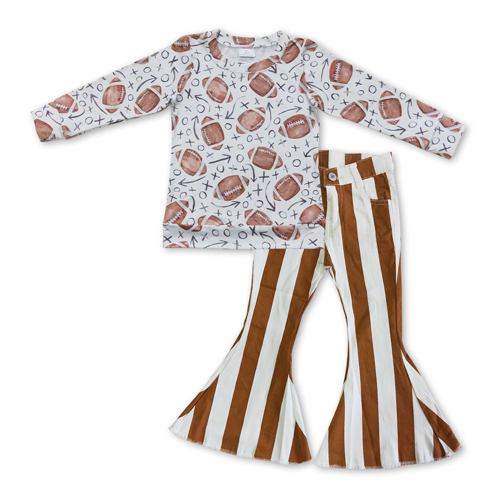 football top brown stripes ruffle jeans pants outfit