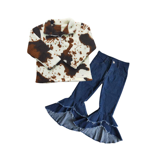 girls cowhide pullover jeans bell bottoms outfit