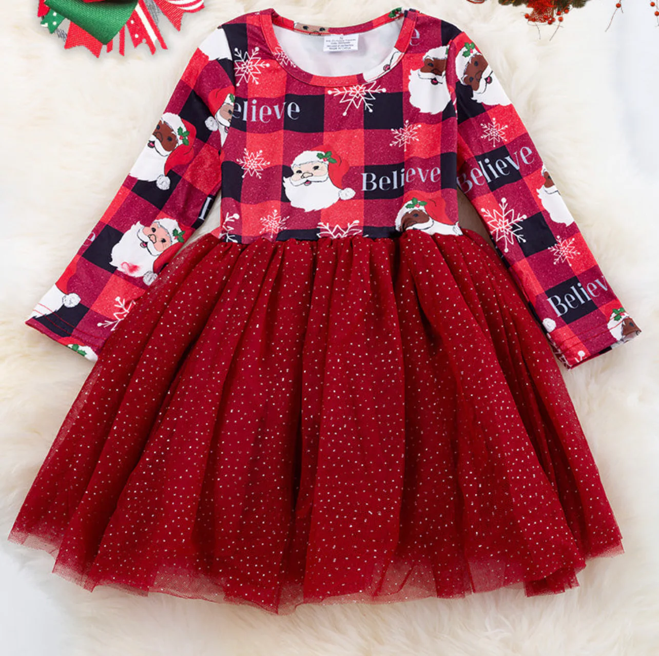 baby girls Santa Claus long sleeve tulle dress