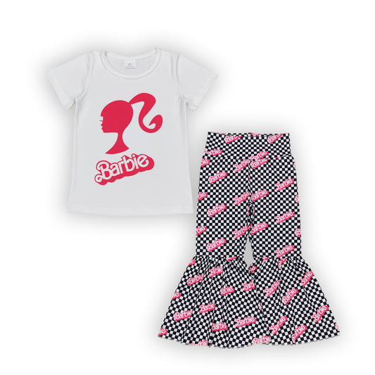 pink doll short sleeve  top gingham bell pants clothes set