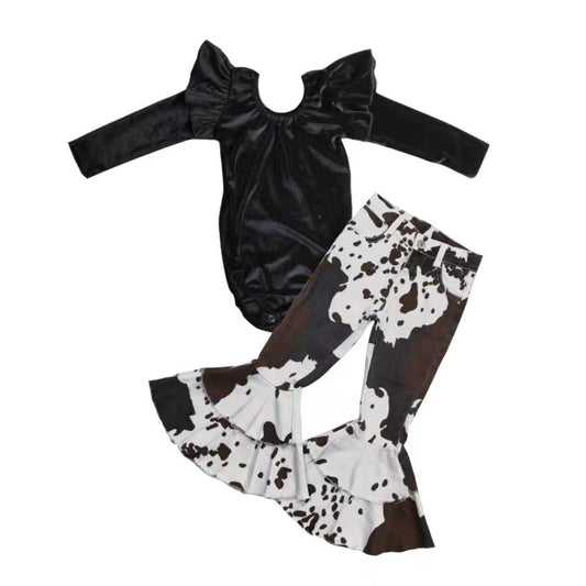 black velvet romper cowhide jeans pants 2pcs clothing set