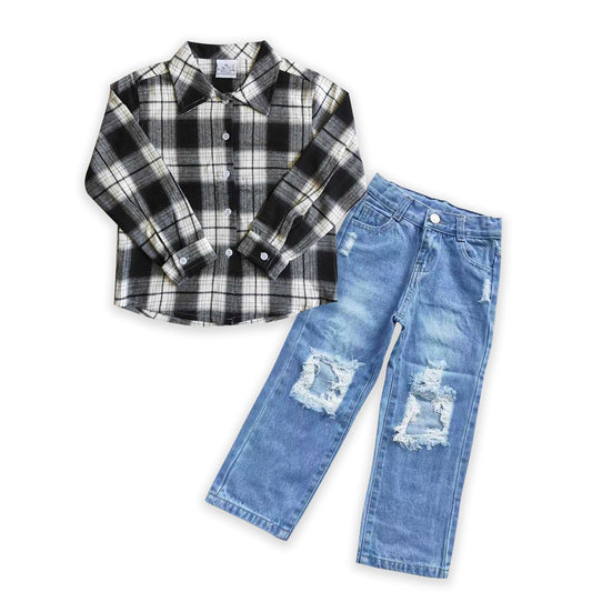baby black white plaid shirt  denim pants outfit baby clothes