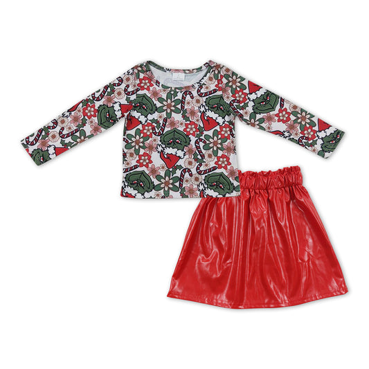 green face long sleeve t-shirt red skirt 2pcs Christmas outfit