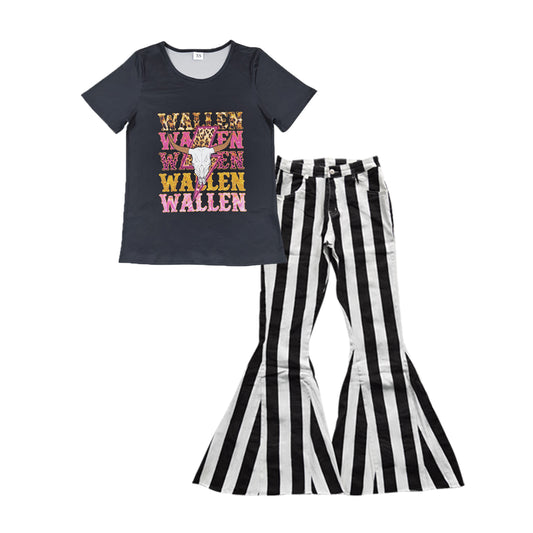 adult short sleeve cow top black stripes jeans bell bottoms clothing set