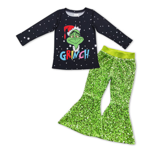 Christmas green face black top sequins pants Christmas outfit