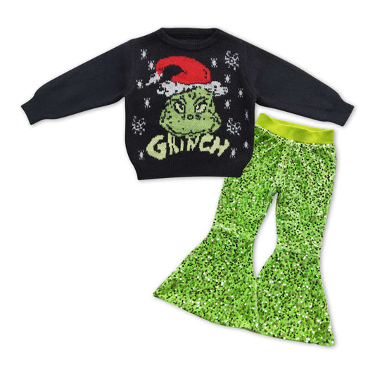 baby girls Christmas sweater top green sequins bell bottoms 2pcs outfit