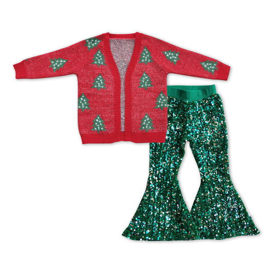 Christmas tree sweater cardigan coat sequins bell bottoms pants 2pcs outfit