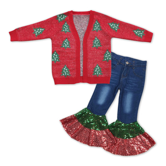 Christmas tree sweater cardigan coat sequins ruffle jeans pants 2pcs outfit