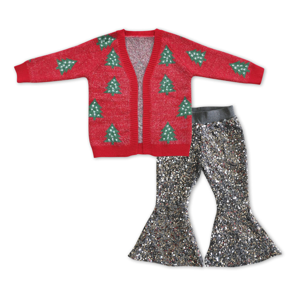 Christmas tree sweater cardigan coat grey sequins bell bottoms pants 2pcs outfit