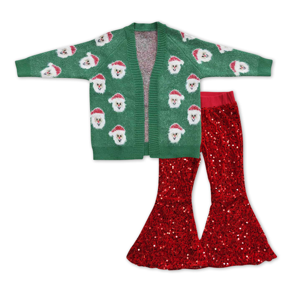 Christmas santa claus sweater cardigan coat red sequins bell bottoms pants 2pcs outfit