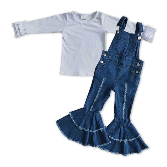 baby girls white long sleeve top denim suspender pants outfit