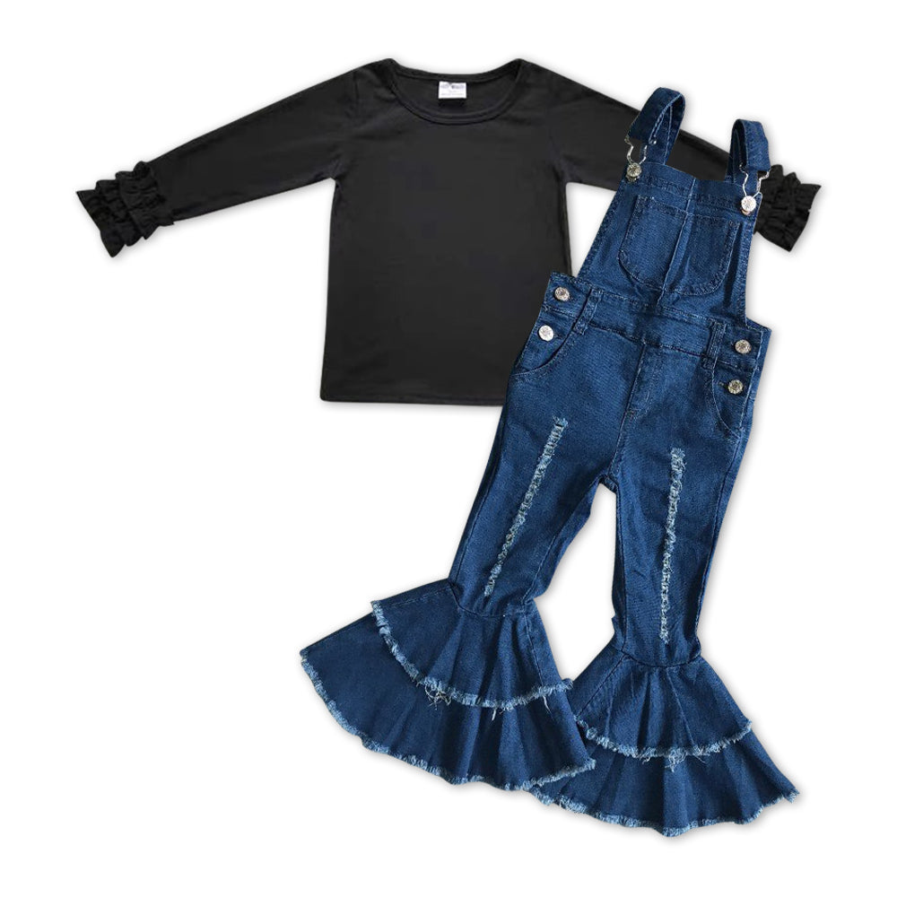 baby girls black long sleeve top denim jeans suspender pants outfit