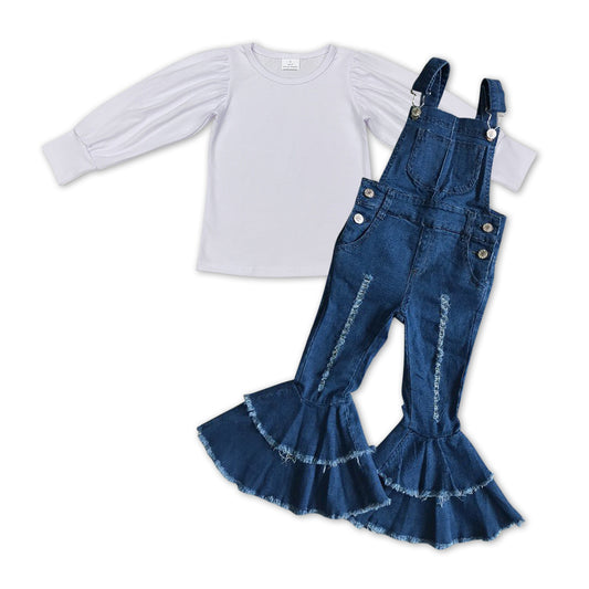 baby girls  long sleeve top denim jeans suspender pants outfit