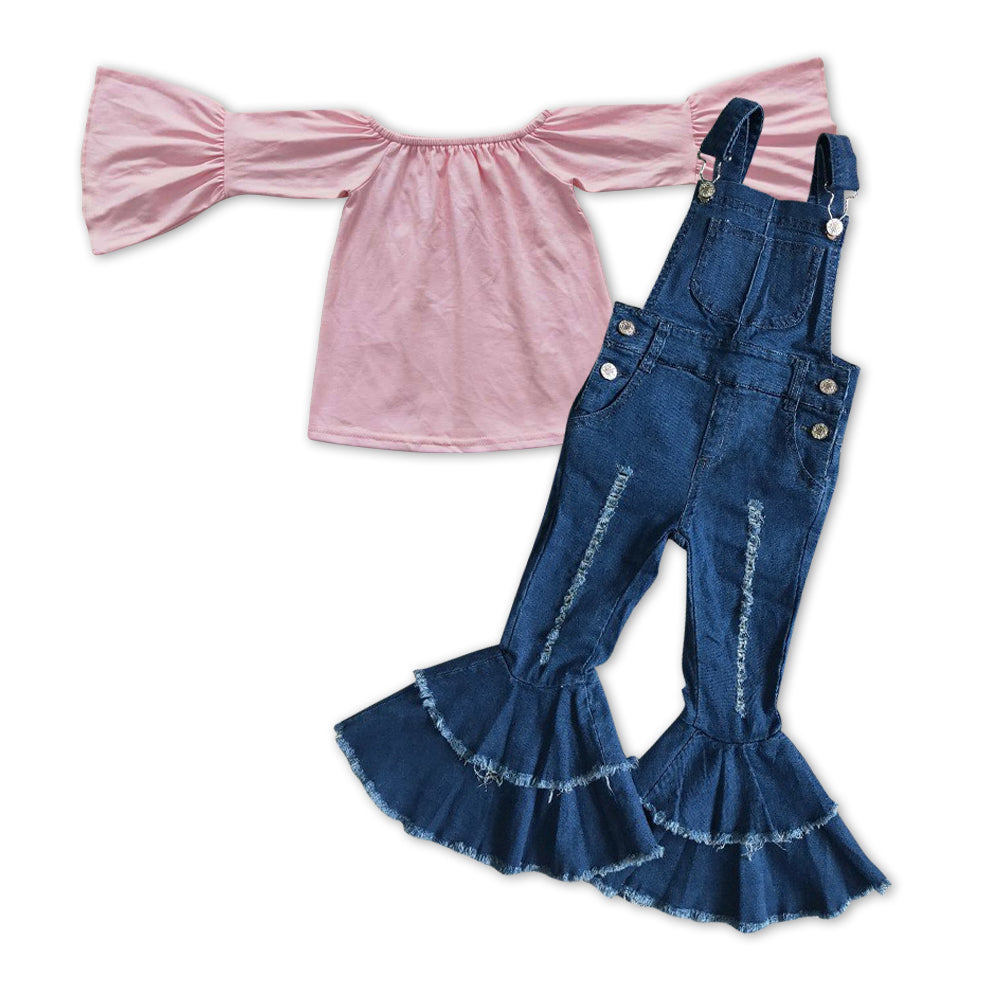 baby girls pink long sleeve top denim jeans suspender pants outfit