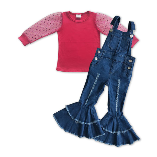 baby girls lace  sleeve top denim jeans suspender pants outfit