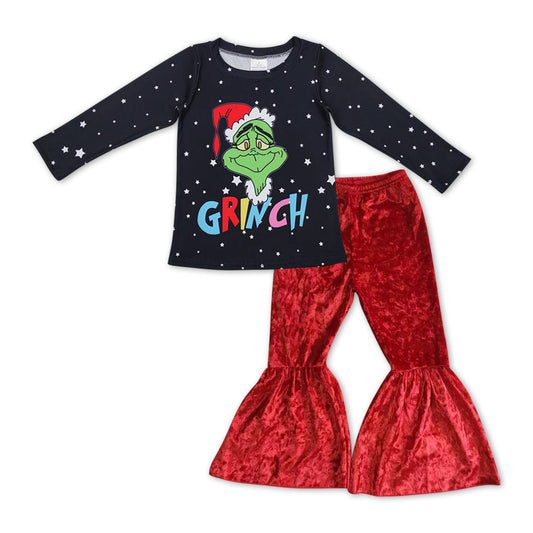 Christmas green face top red velvet pants outfit
