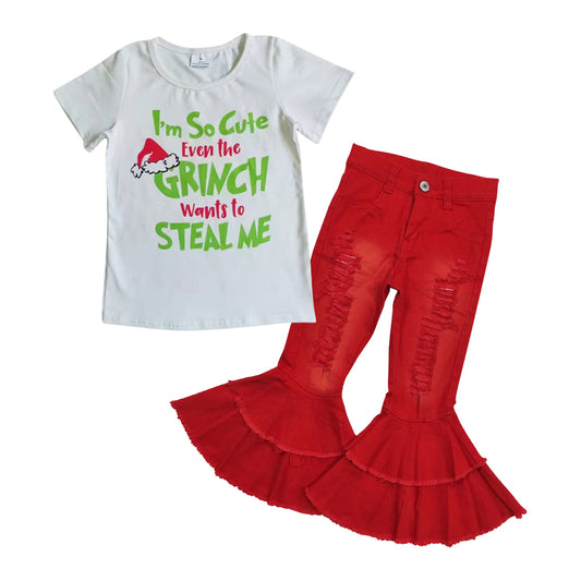 Christmas green face shirt red jeans bell bottoms outfit