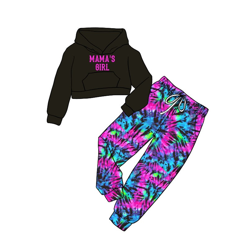 Mamas girl black long sleeve hoodie top tie dye matching pants outfit