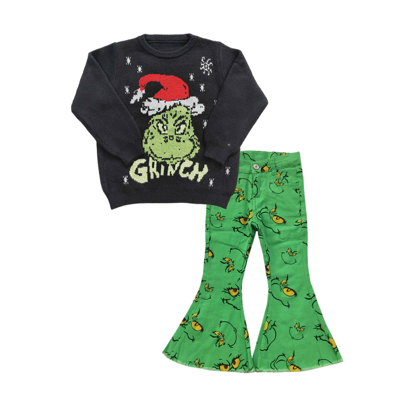 girls fall winter Christmas green face sweater jeans pants 2pcs clothing set