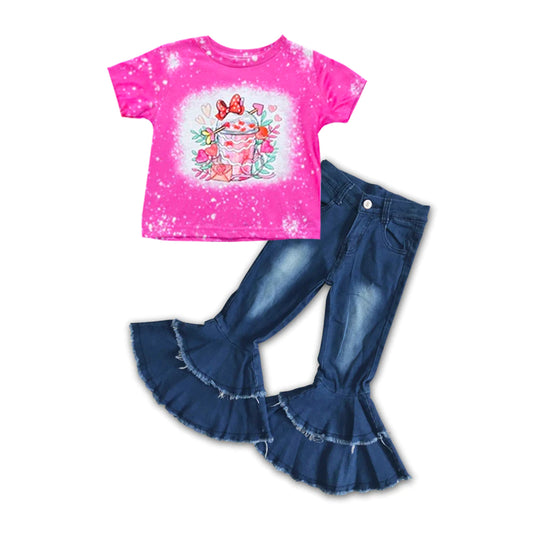 girls short sleeve Valentienes day top  ruffle jeans bell bottoms outfit