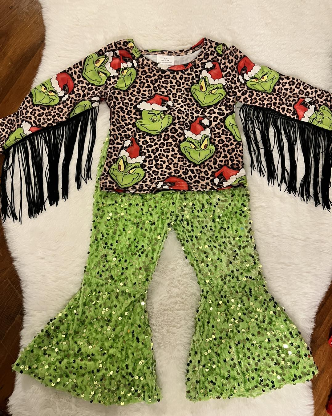 Toddle girls green face  Merry Christmas top matching sequins pants outfit