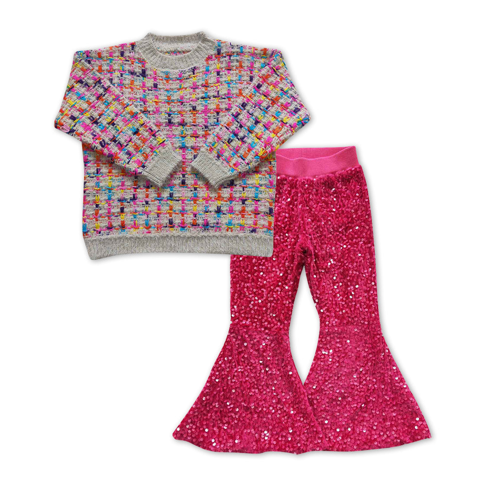 rainbow sweater matching sequins bell bottoms spring fall outfit
