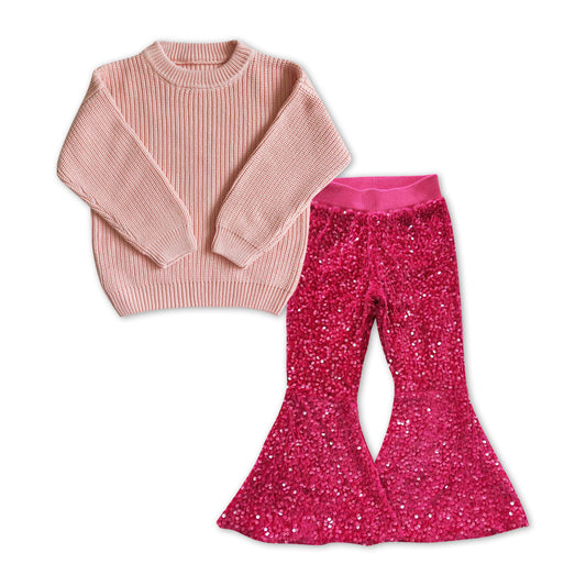 pink sweater macthing sequins bell bottoms spring fall outfit
