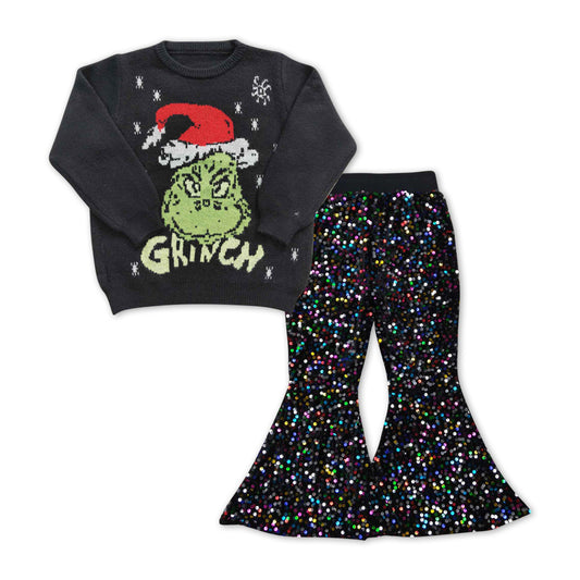 christmas green face sweater sequins bell bottoms spring fall outfit