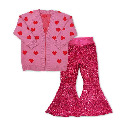 Valentines day heart sweater cardigan coat hot pink sequins bell bottoms outfit