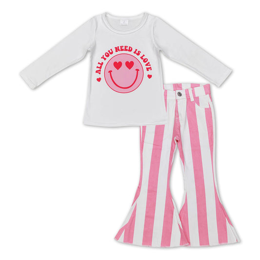All is need is love top pink stripes jeans bell bottoms outfit