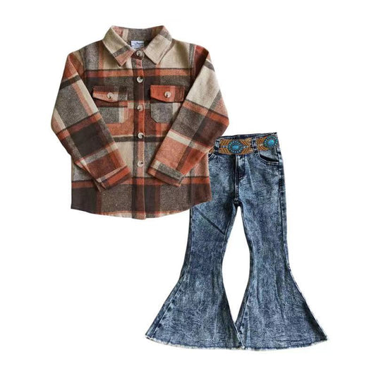 baby flannel shirt jeans bell bottoms belt 3pcs outfit