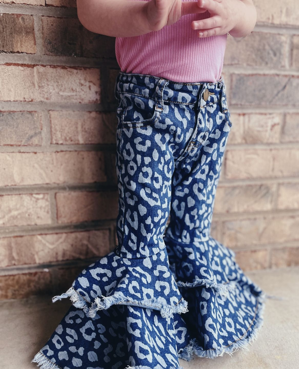 blue leopard jeans bell bottoms children girls ruffle jeans pants