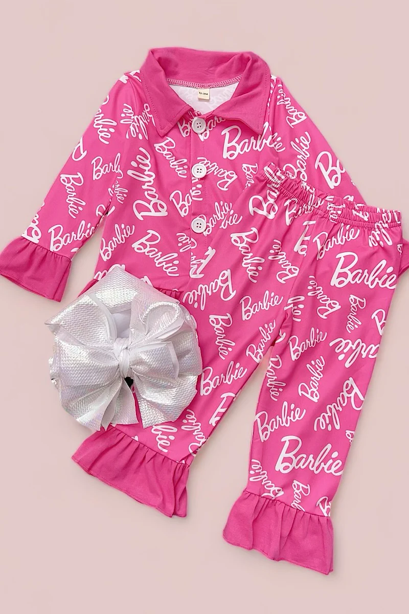 baby girls pink doll long sleeve button down pajama set