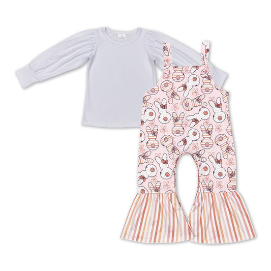 white long sleeve top floral bunny jumpsuit 2pcs easter outfit
