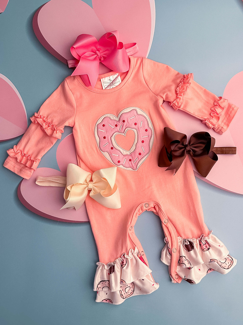 red heart valentine donut long sleeve romper