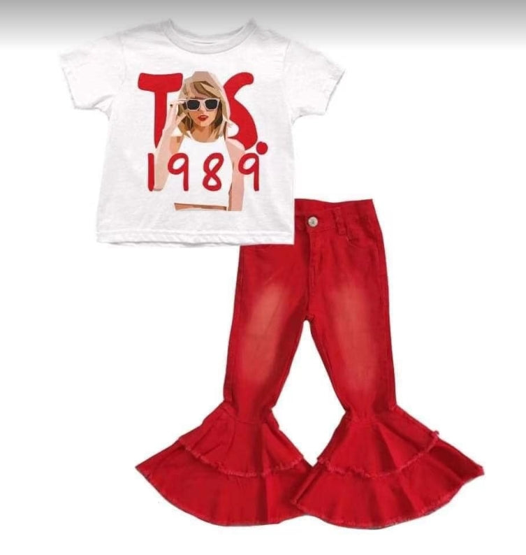 country music girl shirt red jeans bell bottoms outfit
