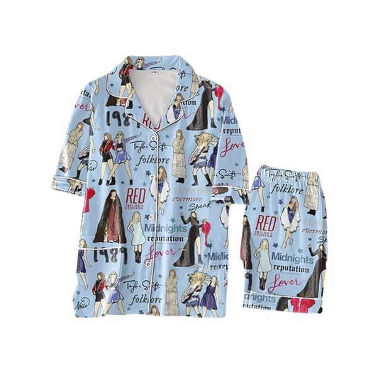 Adult counrty music print short sleeve button down pajama set