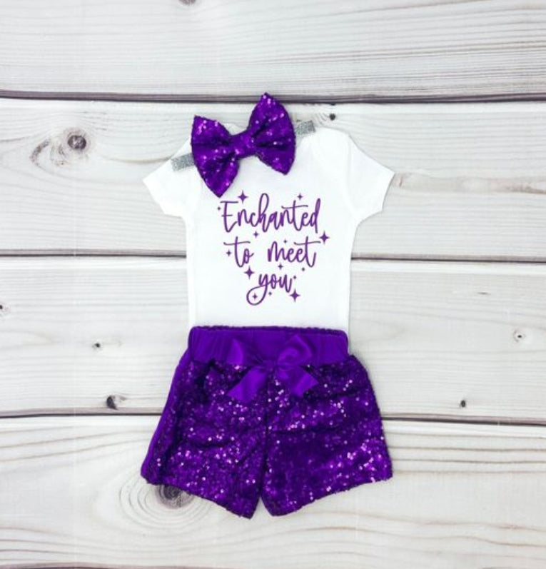 girls letter shirt purple sequins shorts outfit