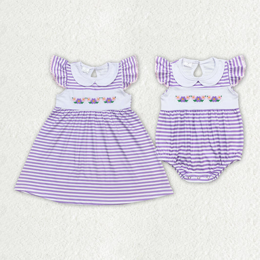 embroidery flower best sister purple stripes matching outfit