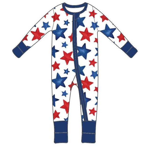 red blue star july 4th long sleeve zip romper