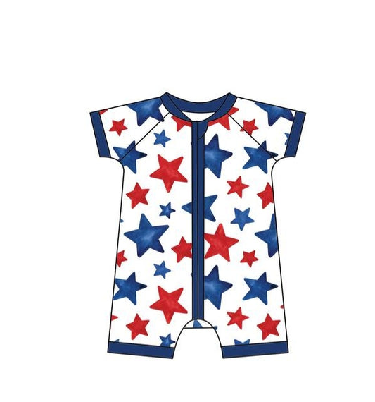 red blue star july 4th short sleeve zip romper
