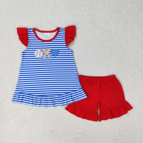 sister brother embroidery baseball print shirt red shorts matching outfit