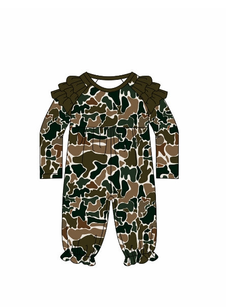 Toddle baby girl long sleeve dark green camo romper