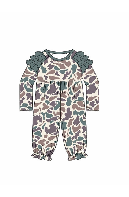 Toddle baby girl long sleeve blue brown camo romper