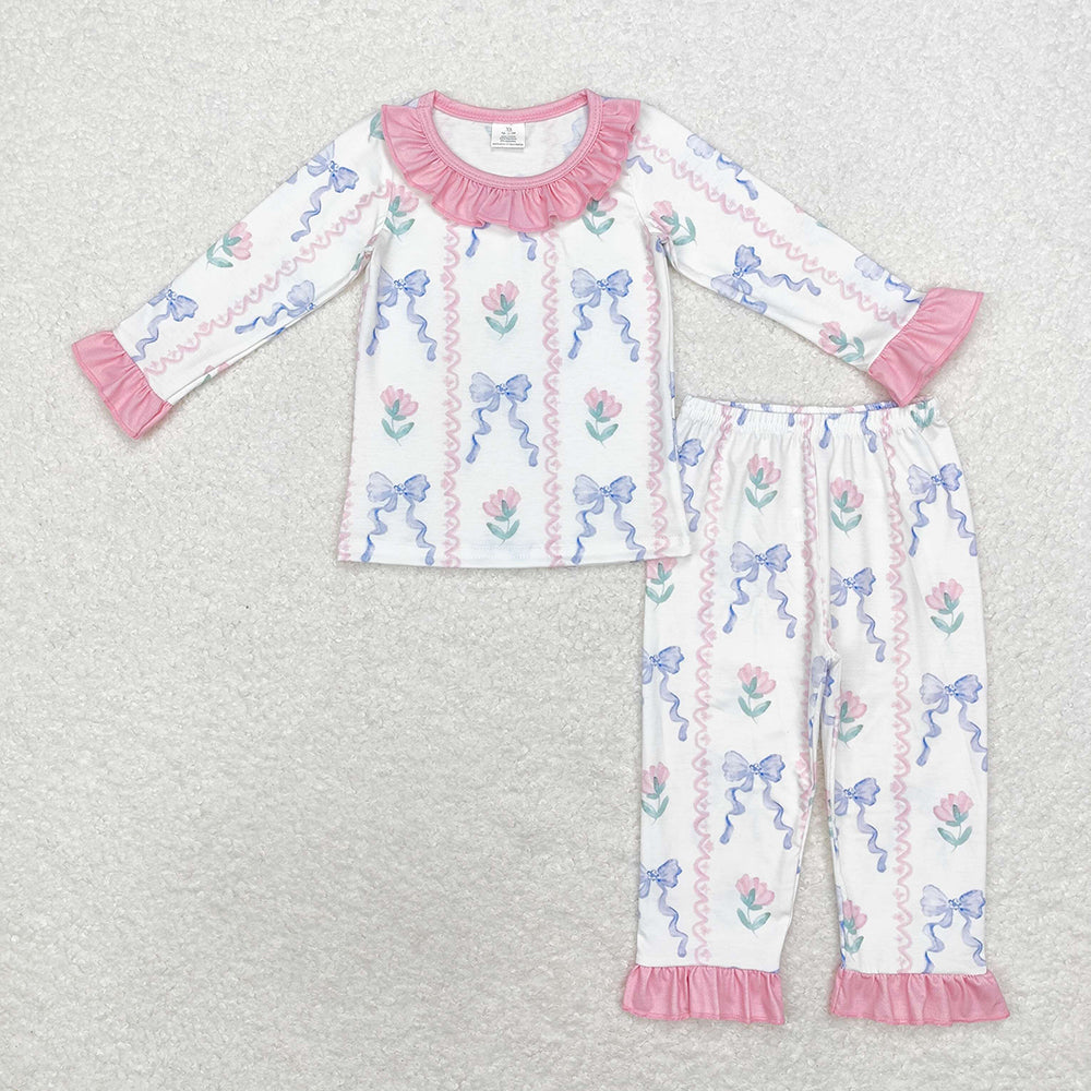 Wholesale spring fall blue bow pink flower bamboo pajama set kids clothing set