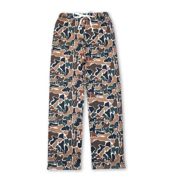 Adult man brown green camo print milk silk pants