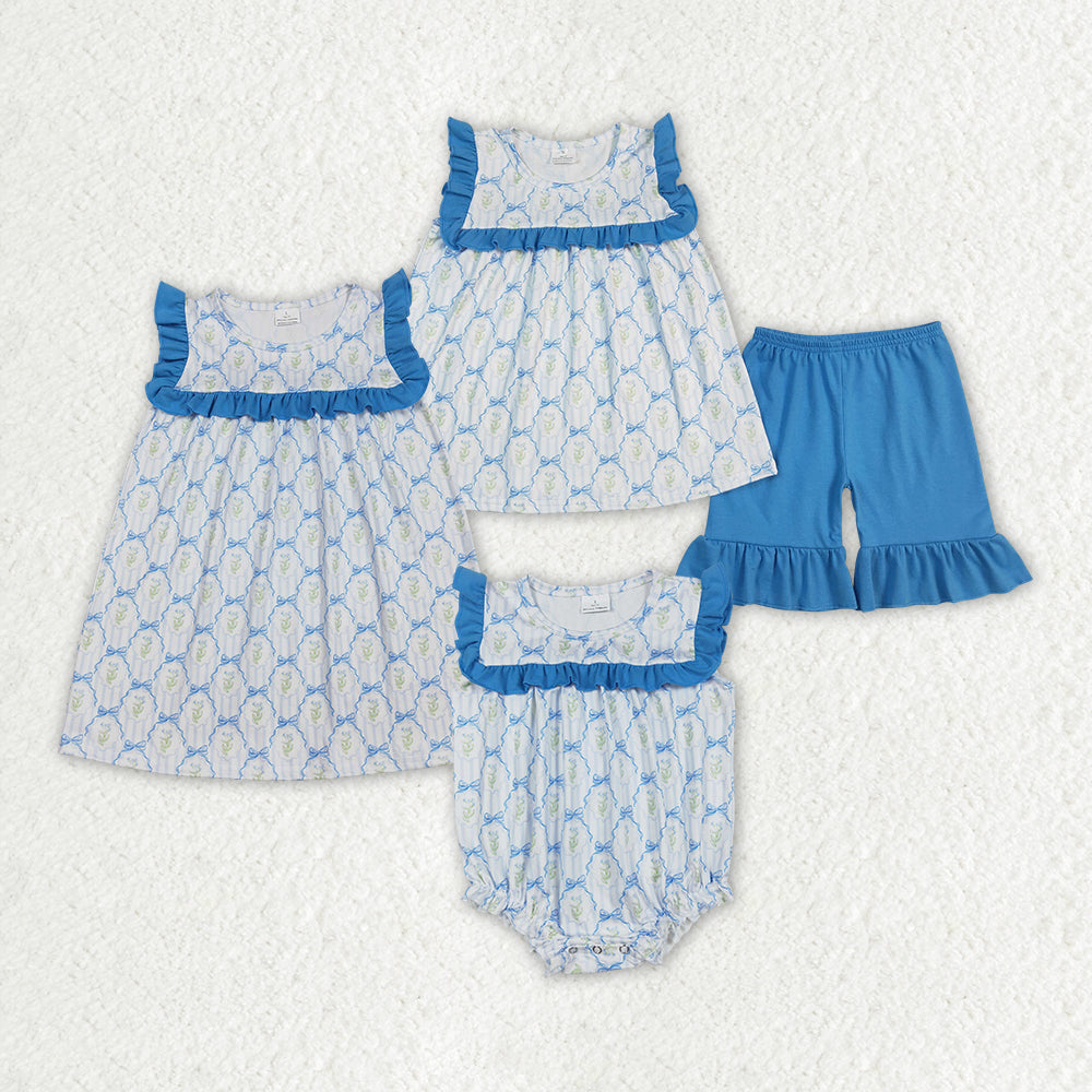 Baby girls blue bow flower summer matching outfit