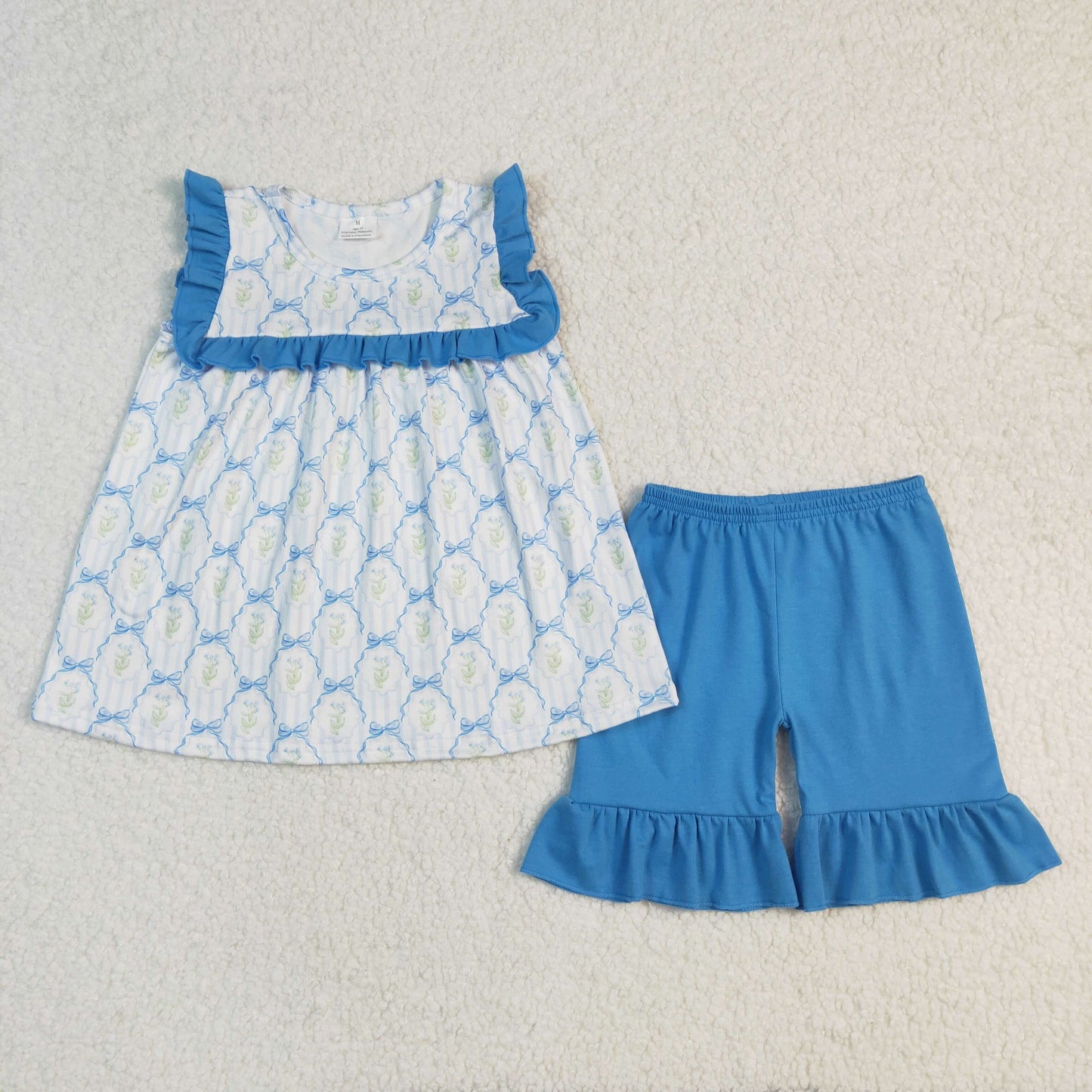 Baby girls blue bow flower summer matching outfit